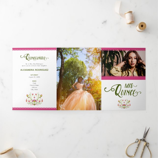 Pink Traditional Mexican Floral Photo Quinceanera Tri-Fold Invitation (Outside)