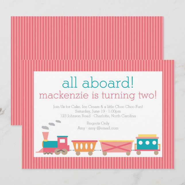 Pink Train Birthday Invitation (Front/Back)