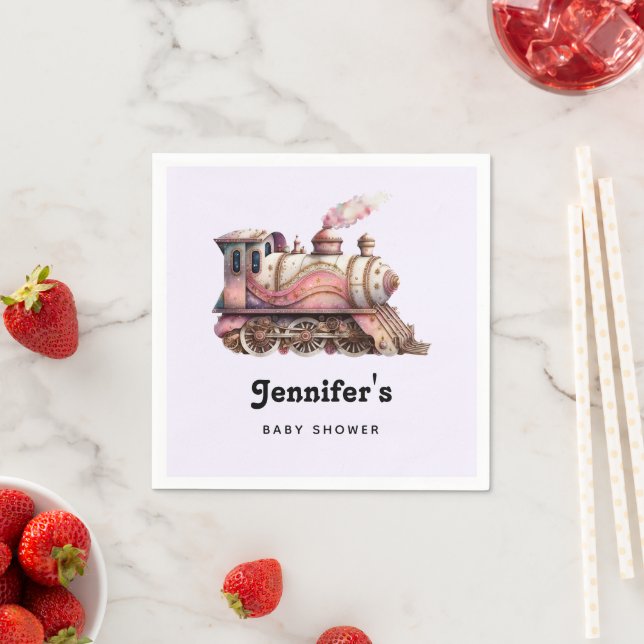 Pink Train Engine Vintage Steampunk Baby Shower Napkin (Insitu)