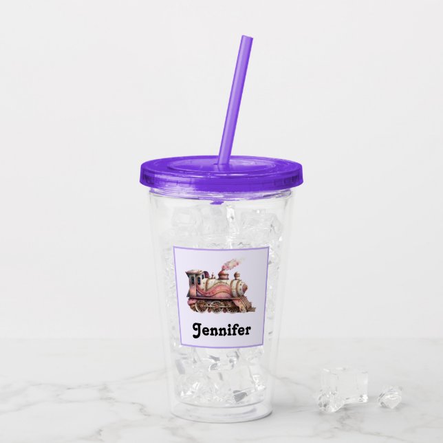 Pink Train Engine Vintage Steampunk Style Acrylic Tumbler (Back Ice)