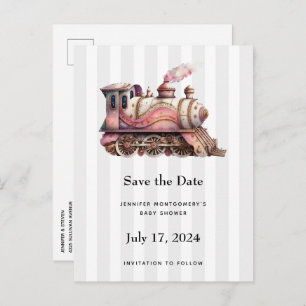 Pink Train Engine Vintage Steampunk Style Announcement Postcard