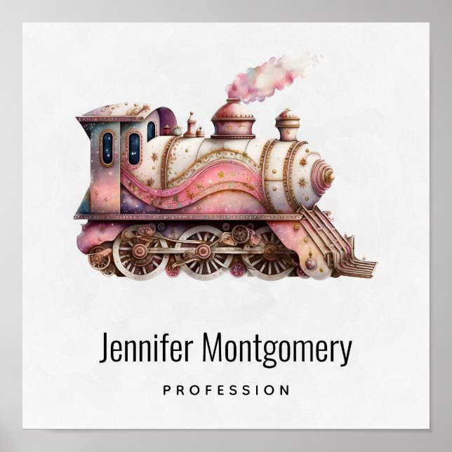 Pink Train Engine Vintage Steampunk Style Business Poster (Front)