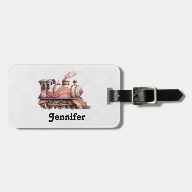 Pink Train Engine Vintage Steampunk Style Luggage Tag (Front Horizontal)