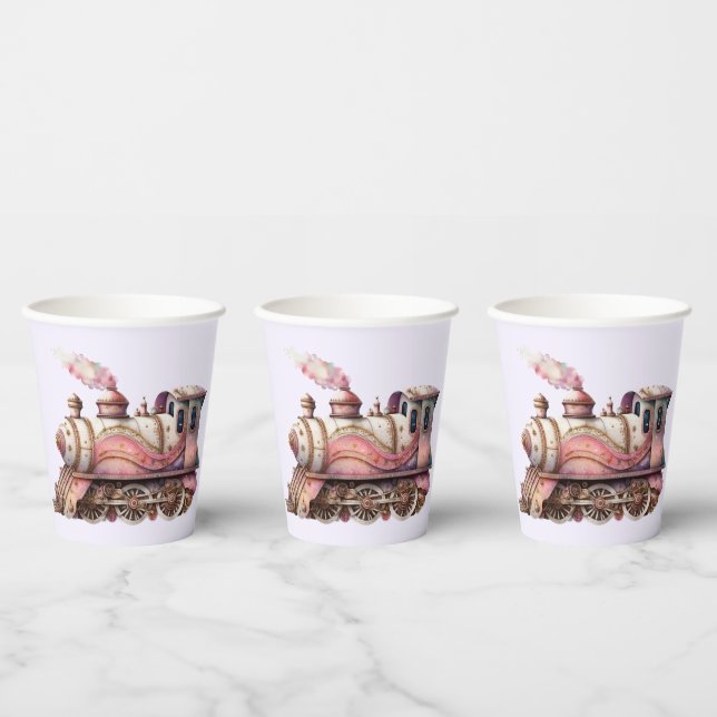 Pink Train Engine Vintage Steampunk Style Paper Cups (Multi)