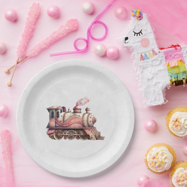 Pink Train Engine Vintage Steampunk Style Paper Plate (Party)