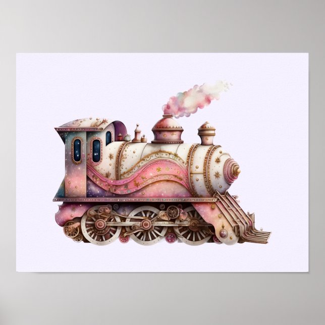 Pink Train Engine Vintage Steampunk Style Poster (Front)