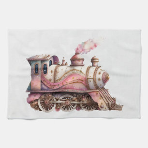 Pink Train Engine Vintage Steampunk Style Tea Towel