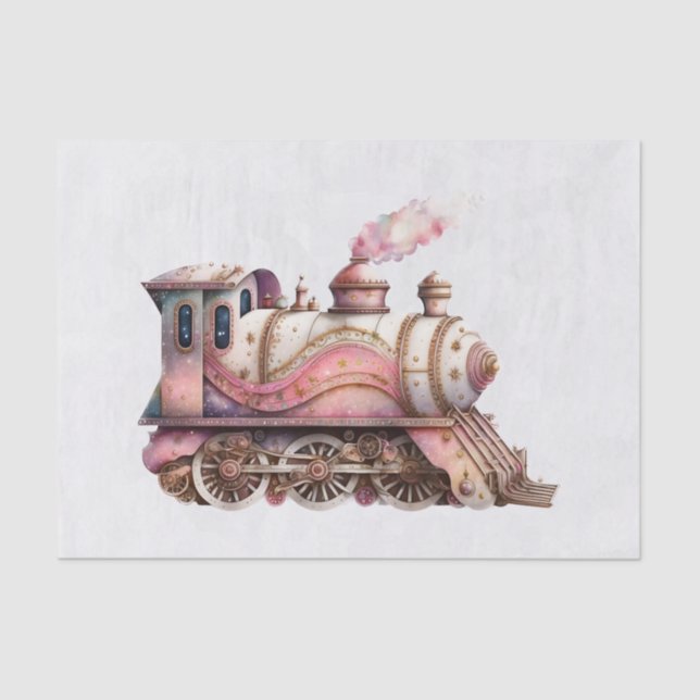 Pink Train Engine Vintage Steampunk Style Tissue Paper (Front)