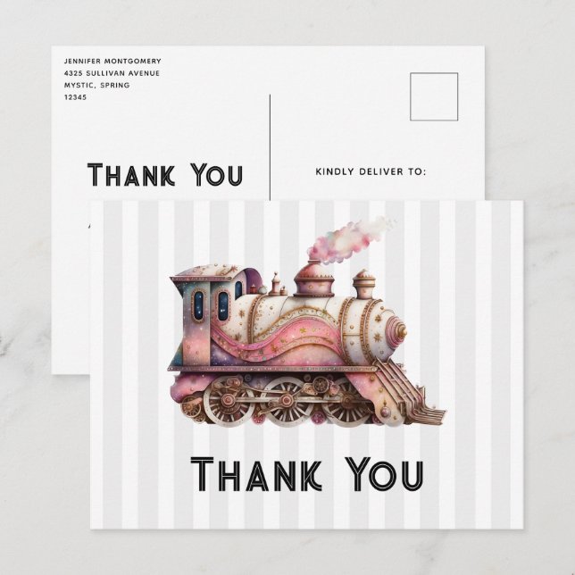 Pink Train Engine Vintage Steampunk Thank You Postcard (Front/Back)