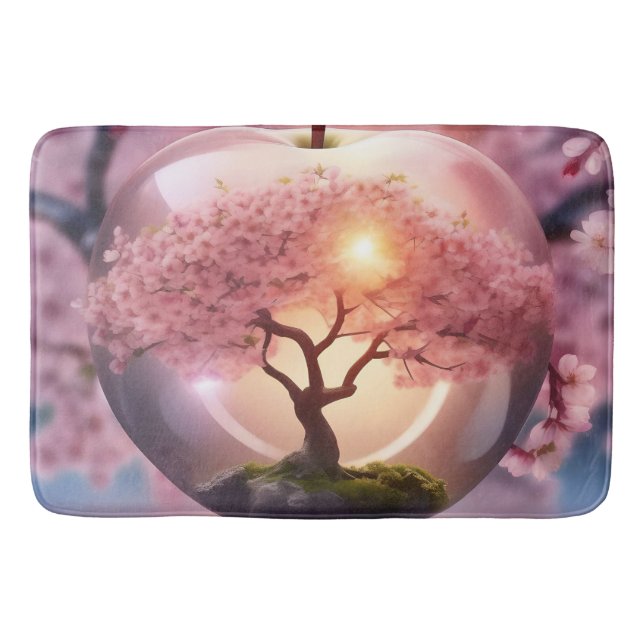 Pink Translucent Apple With Apple Tree Scene, Bath Mat (Front)