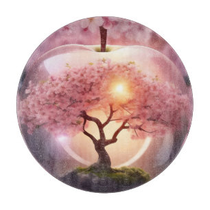 Pink Translucent Apple With Apple Tree Scene, Cutting Board