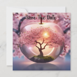 Pink Translucent Apple With Apple Tree Scene, Save The Date