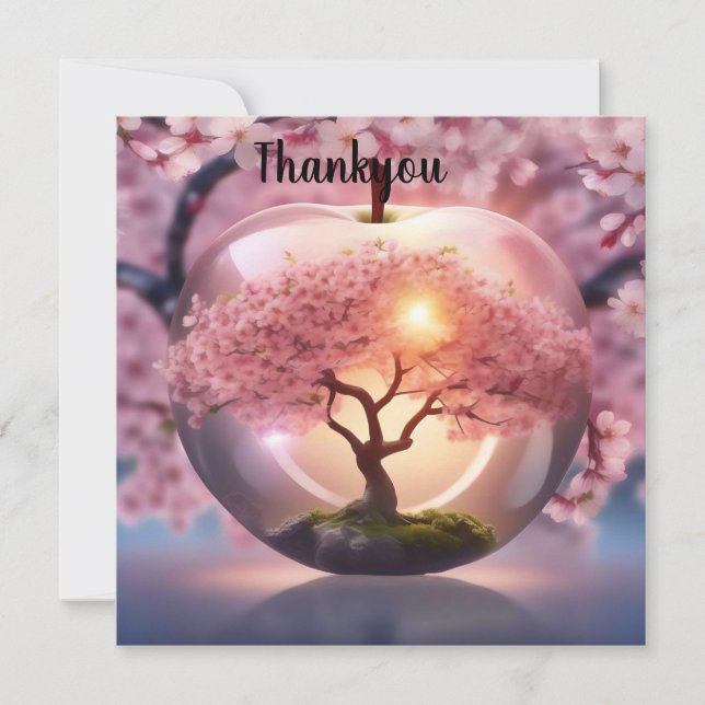 Pink Translucent Apple With Apple Tree Scene, Thank You Card (Front)