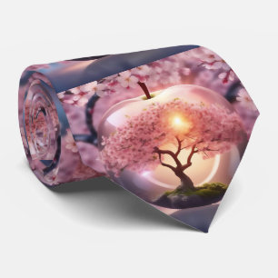 Pink Translucent Apple With Apple Tree Scene, Tie