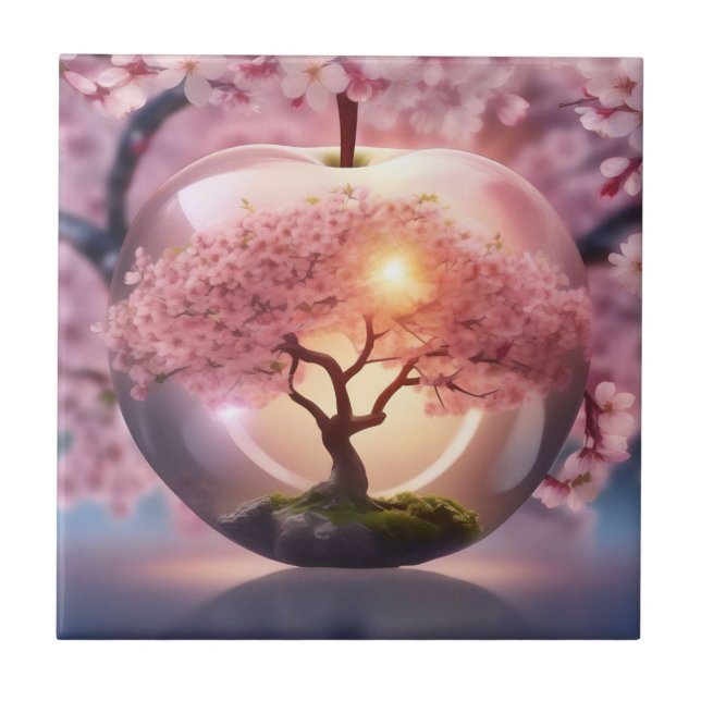 Pink Translucent Apple With Apple Tree Scene, Tile (Front)