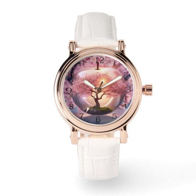 Pink Translucent Apple With Apple Tree Scene, Watch (Front)