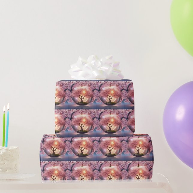 Pink Translucent Apple With Apple Tree Scene, Wrapping Paper (Party Gifts)