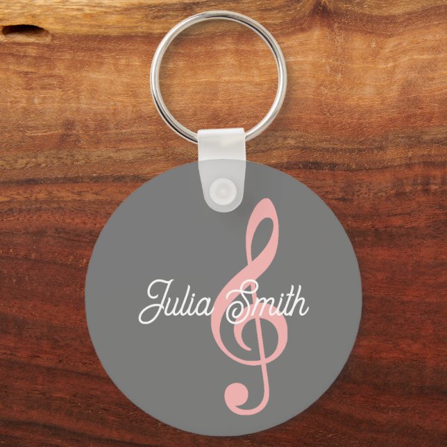 pink treble clef musical note with name key ring (Front)