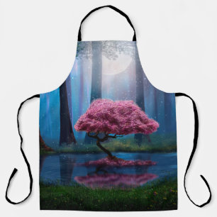 Pink tree and pond in the woods at night apron