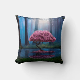 Pink tree and pond in the woods at night cushion