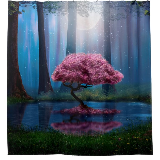 Pink tree and pond in the woods at night shower curtain (Front)