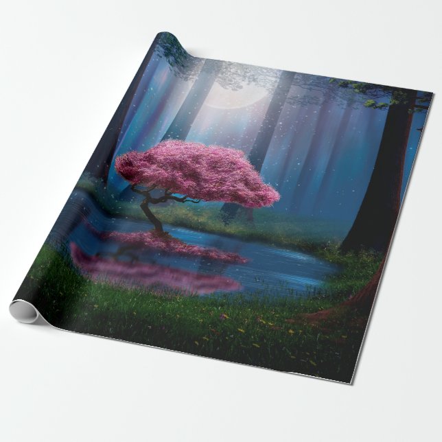 Pink tree and pond in the woods at night wrapping paper (Unrolled)