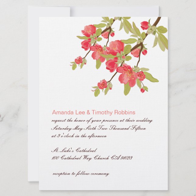 Pink Tree Blossoms Wedding Invitation (Front)