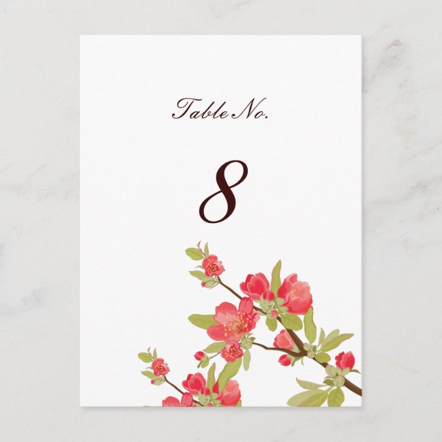 Pink Tree Blossoms Wedding Table Number Cards (Front)