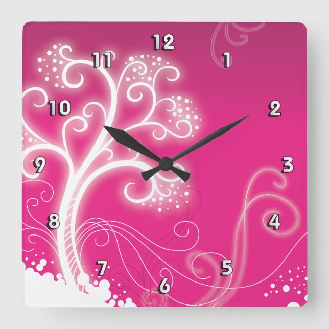 Pink Tree Cute Girly Retro Floral Fashion Square Wall Clock (Front)