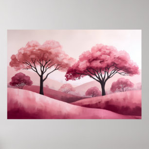 Pink Tree Hills Dreamy Watercolor Landscape Poster