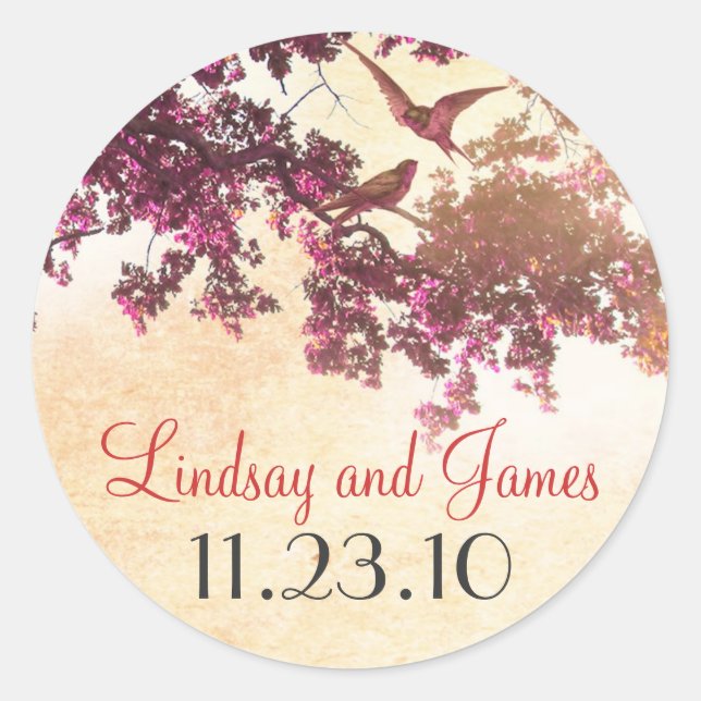 pink tree love birds wedding stickers (Front)