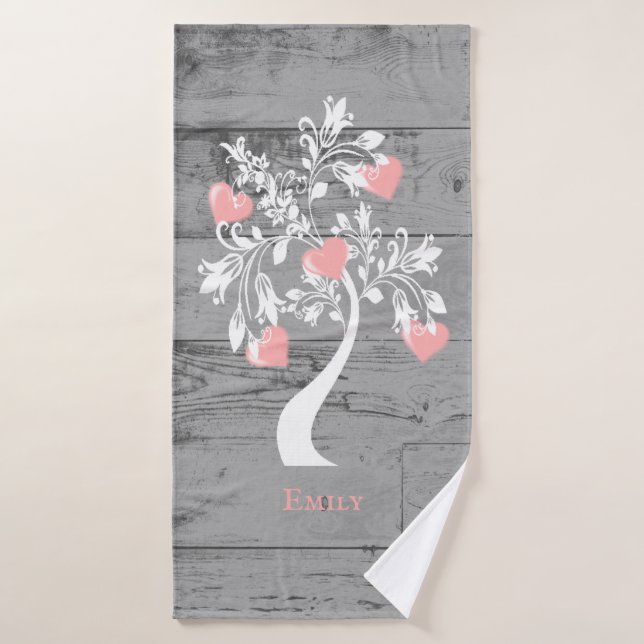 Pink Tree of Hearts Personalised Bath Towel Set (Bath Towel)