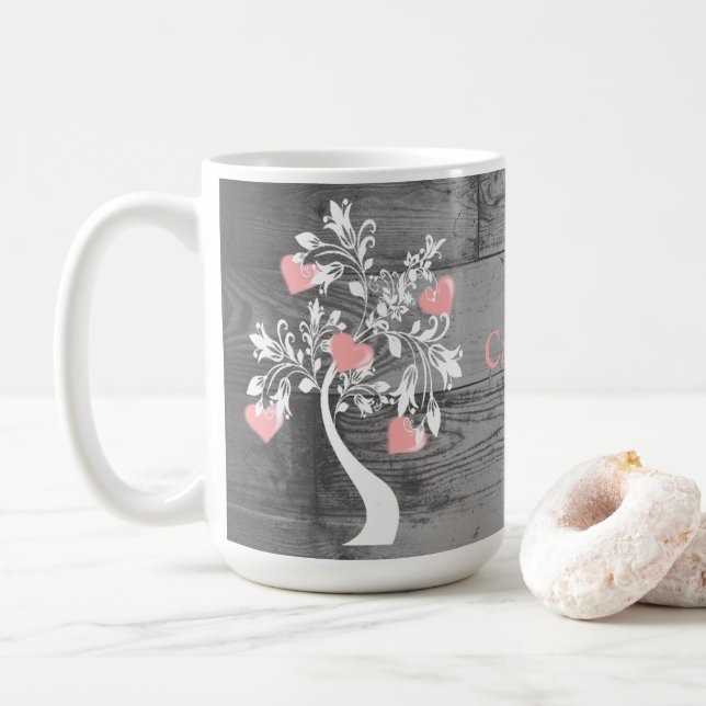 Pink Tree of Hearts Personalised Coffee Mug (With Donut)