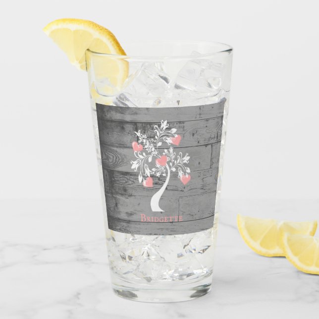 Pink Tree of Hearts Personalised Glass Cup (Front Ice)