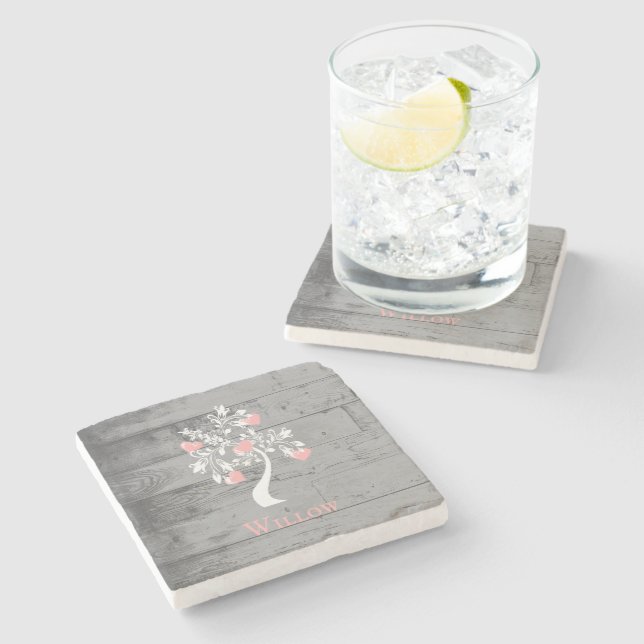 Pink Tree of Hearts Personalised Stone Coaster (Side)