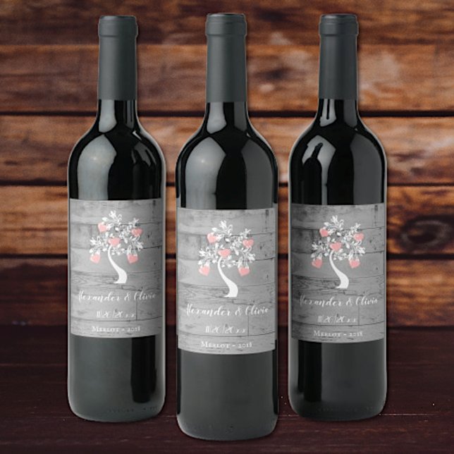 Pink Tree of Hearts Wedding Wine Label (Creator Uploaded)
