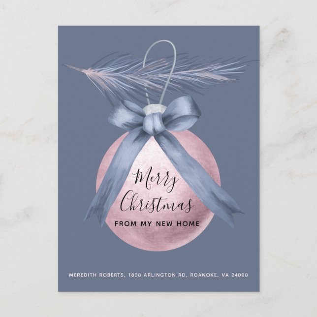 Pink Tree Ornament Dusty Blue Holiday Moving Announcement Postcard (Front)