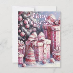 Pink Tree & Presents Personalised Christmas Postcard