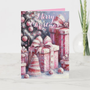Pink Tree & Presents Personalized Christmas Card