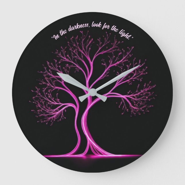 Pink Tree-Shaped Light Painting on Black  Large Clock (Front)