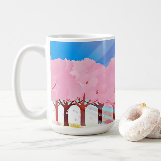 Pink Trees And Blue Sky Design Coffee Mug (With Donut)