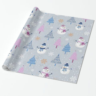 “Pink Trees and Blue Snowmen” Wrapping Paper