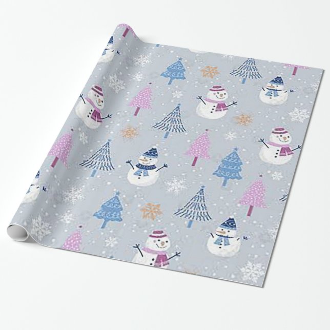 “Pink Trees and Blue Snowmen” Wrapping Paper (Unrolled)