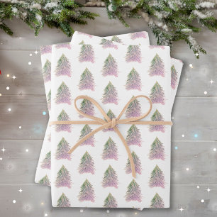 Pink Trees Watercolor Christmas Holiday Wrapping P Paper Sheet