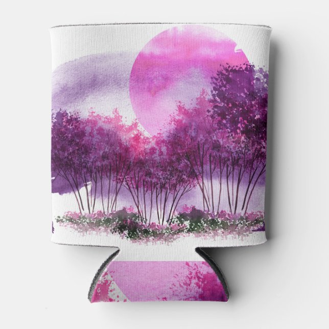 Pink Trees: Watercolor Landscape Silhouette. Can Cooler (Front)