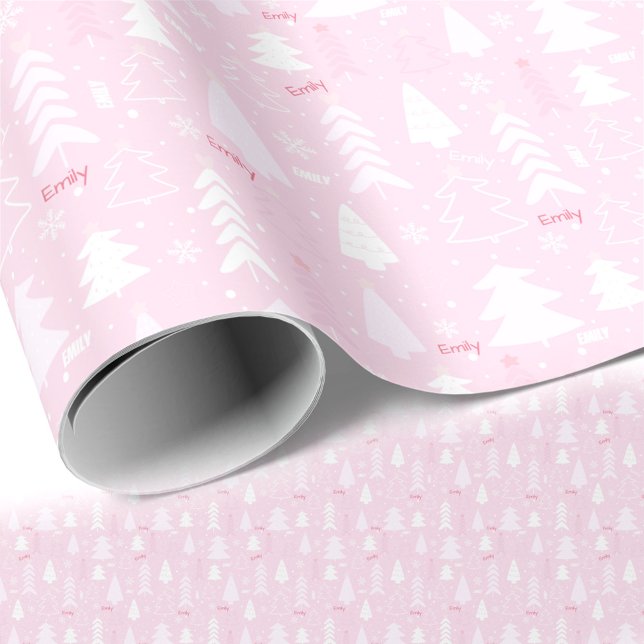 Pink Trees Winter Name Text Christmas  Wrapping Paper (Pink Trees Winter Name Text Christmas Wrapping Paper)