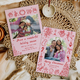 Pink Trendy Christmas Card Doodle Holiday Card Red