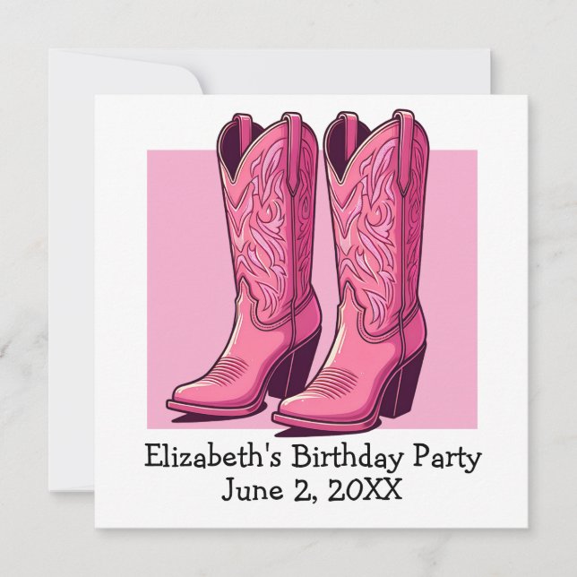 Pink Trendy Cowgirl Boots Girl Birthday Party Invitation (Front)