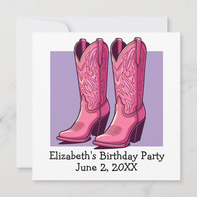 Pink Trendy Cowgirl Boots Girl Birthday Party Invitation (Front)