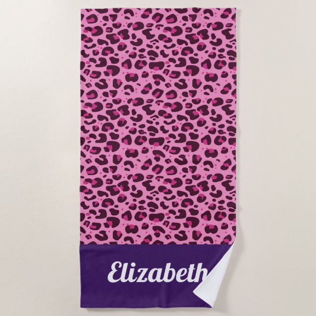 Pink trendy modern leopard print with name beach towel (Front)